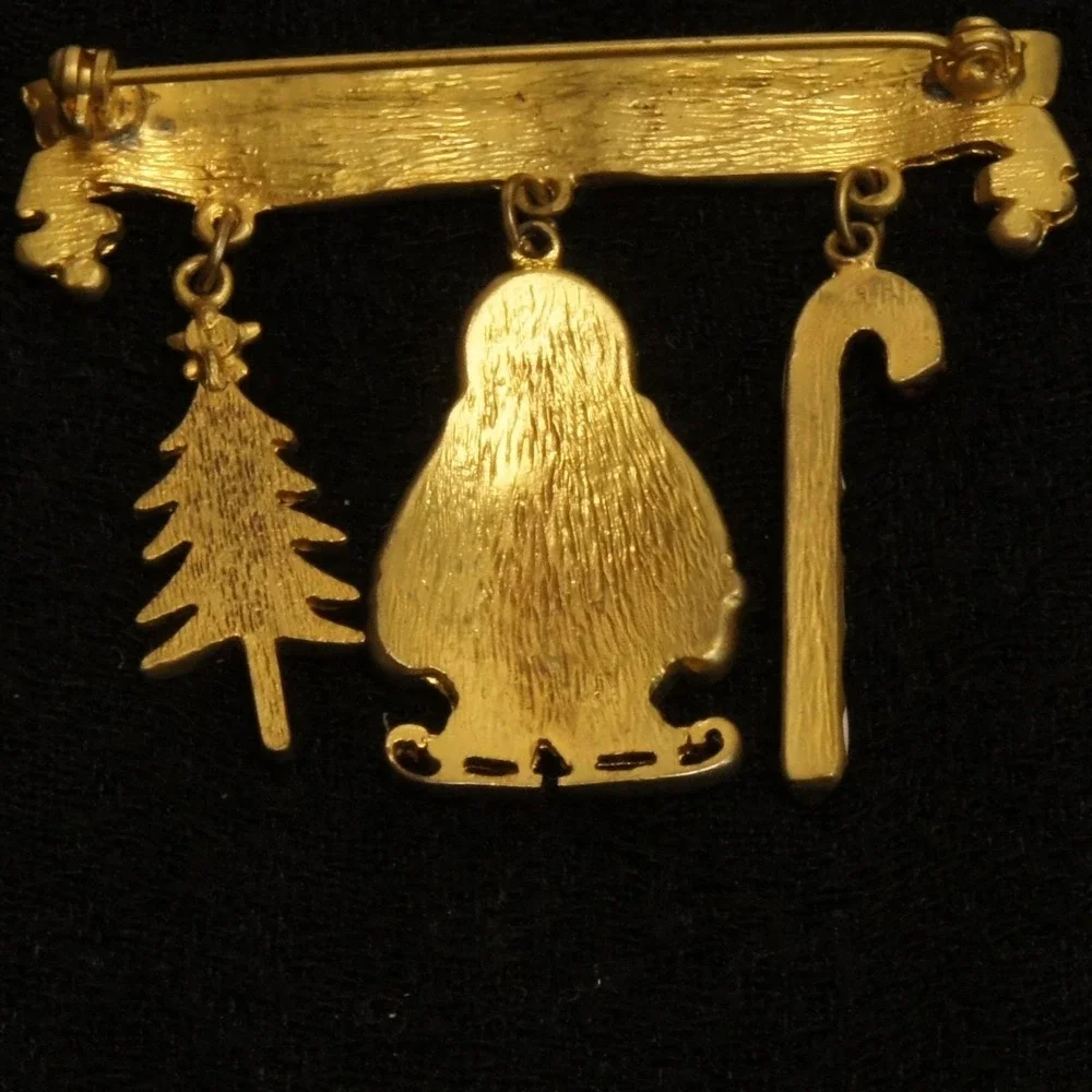 Vintage Christmas Brooch Penguin Dangle Pin The More The Merrier Candy Cane Tree